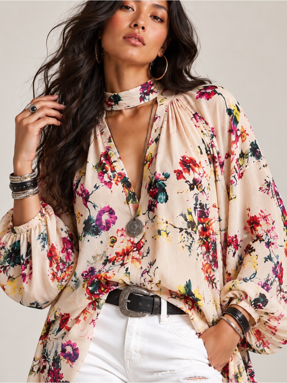 Bishop + Young Floral Choker Neck Blouse Size L Sheer Flowy Boho Top